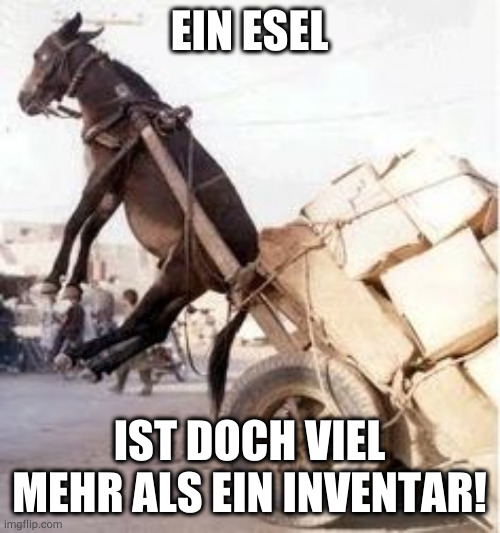 Overloaded donkey | EIN ESEL; IST DOCH VIEL MEHR ALS EIN INVENTAR! | image tagged in overloaded donkey | made w/ Imgflip meme maker