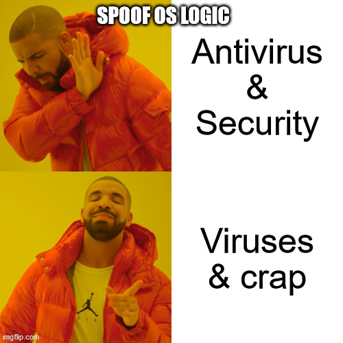 spoof os meme | Antivirus & Security; SPOOF OS LOGIC; Viruses & crap | image tagged in memes,drake hotline bling | made w/ Imgflip meme maker