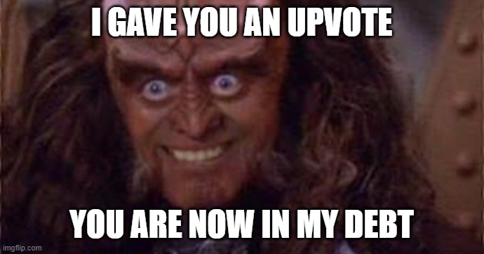 Klingon smiling | I GAVE YOU AN UPVOTE YOU ARE NOW IN MY DEBT | image tagged in klingon smiling | made w/ Imgflip meme maker