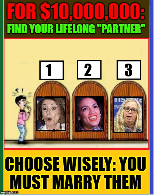 Temptation Island: Win Millions & a Liberal Wife Edition | FOR $10,000,000:; FIND YOUR LIFELONG "PARTNER"; 1            2            3; CHOOSE WISELY: YOU
MUST MARRY THEM | image tagged in vince vance,temptation,nancy pelosi,dr rachel levine,crazy alexandria ocasio-cortez,memes | made w/ Imgflip meme maker
