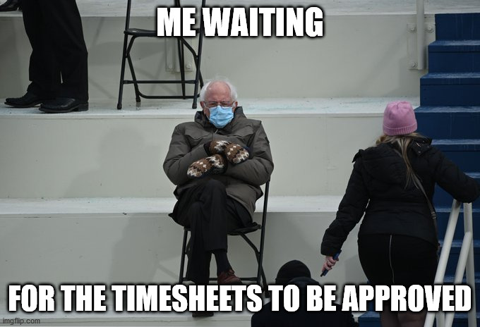 timesheet reminder | ME WAITING; FOR THE TIMESHEETS TO BE APPROVED | image tagged in bernie sitting,timesheet reminder,timesheet | made w/ Imgflip meme maker