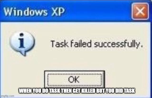 Task failed successfully | WHEN YOU DO TASK THEN GET KILLED BUT YOU DID TASK | image tagged in task failed successfully | made w/ Imgflip meme maker