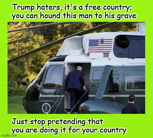 Trump hater advice | Trump haters, it's a free country;
you can hound this man to his grave; Just stop pretending that 
you are doing it for your country | image tagged in politics | made w/ Imgflip meme maker
