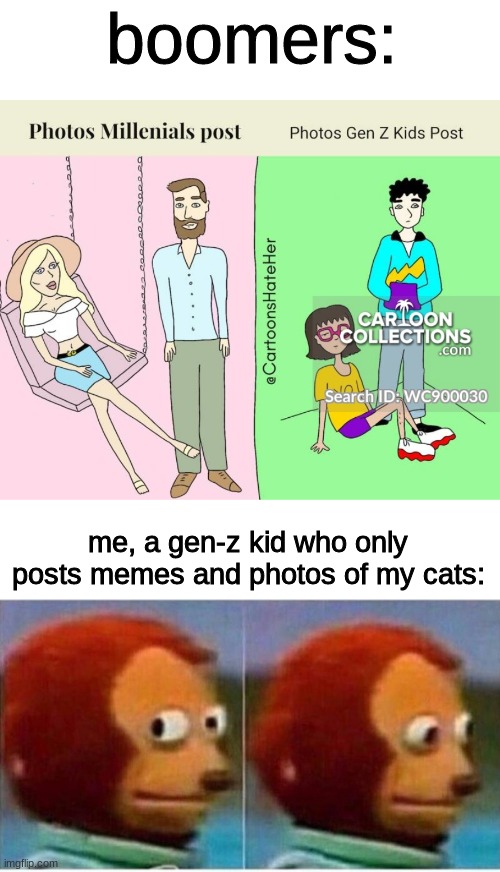 ok zoomer | boomers:; me, a gen-z kid who only posts memes and photos of my cats: | image tagged in memes,monkey puppet,ok boomer,funny,photos,social media | made w/ Imgflip meme maker