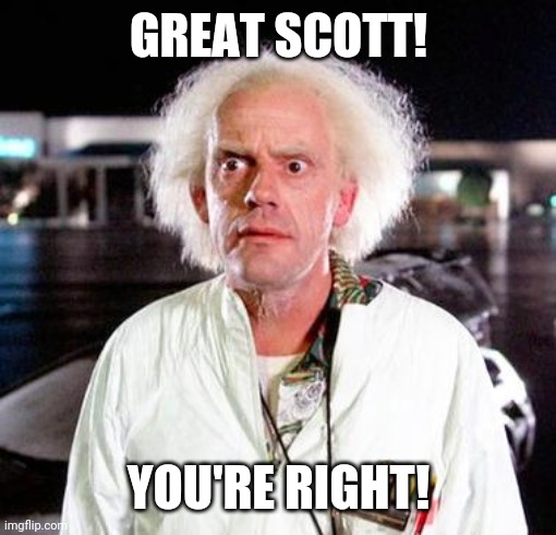 Doc Brown | GREAT SCOTT! YOU'RE RIGHT! | image tagged in doc brown | made w/ Imgflip meme maker