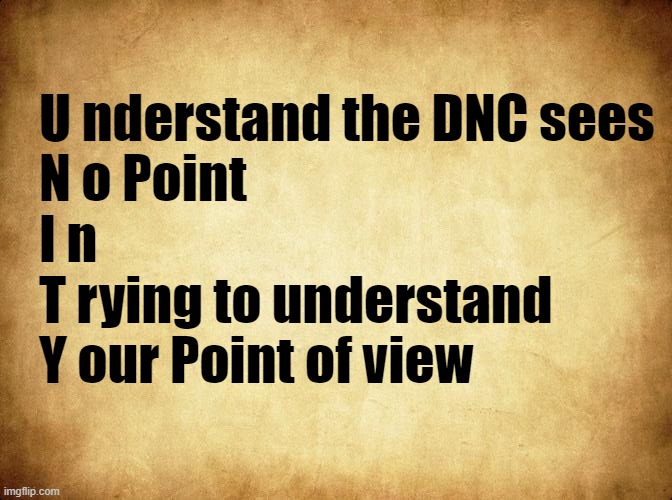 UNITY is BS right nowin this Country | U nderstand the DNC sees
N o Point
I n
T rying to understand
Y our Point of view | image tagged in politics,political meme,unity,dnc | made w/ Imgflip meme maker