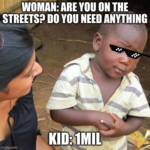 Rich Boi | WOMAN: ARE YOU ON THE STREETS? DO YOU NEED ANYTHING; KID: 1MIL | image tagged in memes,third world skeptical kid | made w/ Imgflip meme maker
