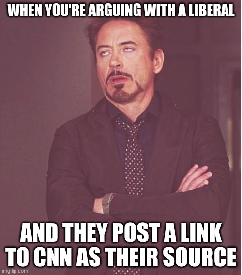 OmG i WaTcH cNn BeSt NeWs ShOw EvEr | WHEN YOU'RE ARGUING WITH A LIBERAL; AND THEY POST A LINK TO CNN AS THEIR SOURCE | image tagged in memes,face you make robert downey jr,cnn fake news,liberal logic | made w/ Imgflip meme maker