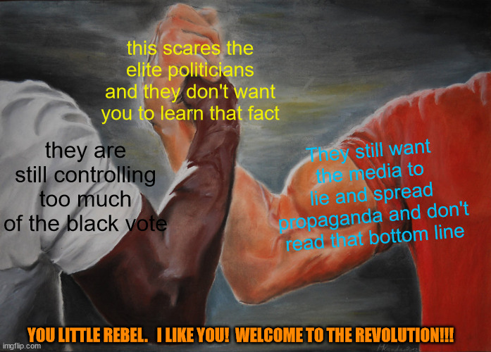 Epic Handshake | this scares the elite politicians and they don't want you to learn that fact; they are still controlling too much of the black vote; They still want the media to lie and spread propaganda and don't read that bottom line; YOU LITTLE REBEL.   I LIKE YOU!  WELCOME TO THE REVOLUTION!!! | image tagged in memes,epic handshake | made w/ Imgflip meme maker