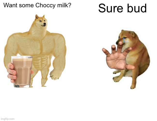 Buff Doge vs. Cheems | Want some Choccy milk? Sure bud | image tagged in memes,buff doge vs cheems | made w/ Imgflip meme maker