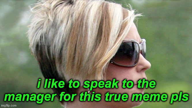 Karen | i like to speak to the manager for this true meme pls | image tagged in karen | made w/ Imgflip meme maker