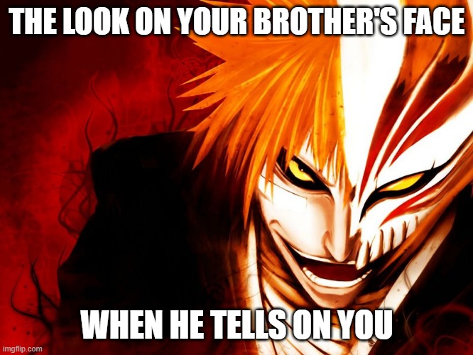 bleach | THE LOOK ON YOUR BROTHER'S FACE; WHEN HE TELLS ON YOU | image tagged in bleach,ichigo,brother,siblings | made w/ Imgflip meme maker