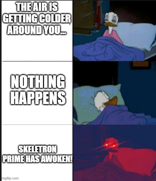 NANI | THE AIR IS GETTING COLDER AROUND YOU... NOTHING HAPPENS; SKELETRON PRIME HAS AWOKEN! | image tagged in donald duck awake | made w/ Imgflip meme maker