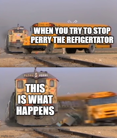 Perry | WHEN YOU TRY TO STOP PERRY THE REFIGERTATOR; THIS IS WHAT HAPPENS | image tagged in a train hitting a school bus | made w/ Imgflip meme maker