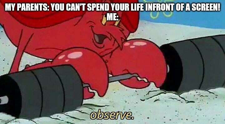 Observe | MY PARENTS: YOU CAN'T SPEND YOUR LIFE INFRONT OF A SCREEN!
ME: | image tagged in observe | made w/ Imgflip meme maker