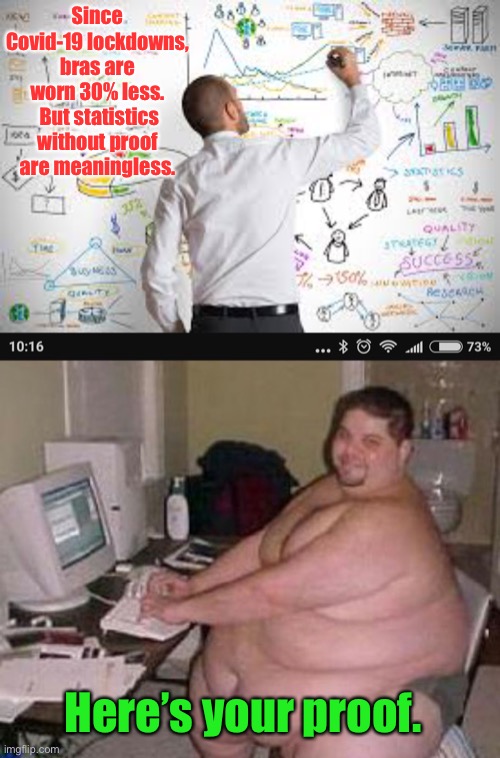 Some facts are hard to face | Since Covid-19 lockdowns, bras are worn 30% less.  But statistics without proof are meaningless. Here’s your proof. | image tagged in statistics,fat man at work,bras,proof,braless | made w/ Imgflip meme maker