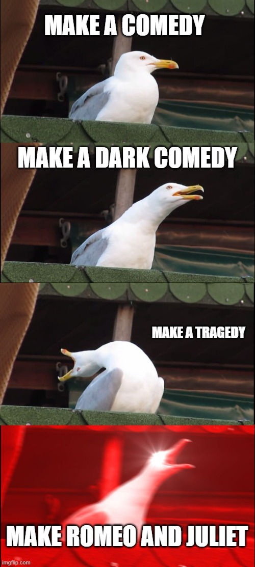 Romeo and Juliet meme | MAKE A COMEDY; MAKE A DARK COMEDY; MAKE A TRAGEDY; MAKE ROMEO AND JULIET | image tagged in memes,inhaling seagull,romeo and juliet | made w/ Imgflip meme maker