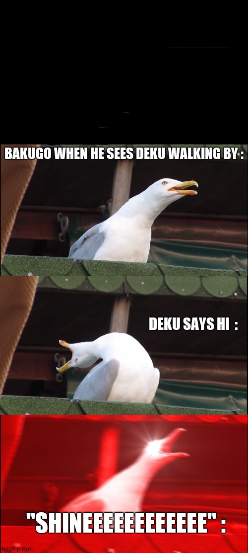 Inhaling Seagull | BAKUGO WHEN HE SEES DEKU WALKING BY :; DEKU SAYS HI  :; "SHINEEEEEEEEEEEE" : | image tagged in memes,inhaling seagull | made w/ Imgflip meme maker