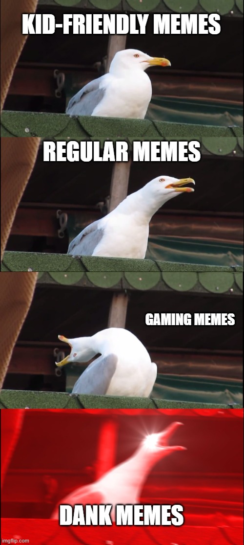 Inhaling Seagull Meme |  KID-FRIENDLY MEMES; REGULAR MEMES; GAMING MEMES; DANK MEMES | image tagged in memes,inhaling seagull | made w/ Imgflip meme maker