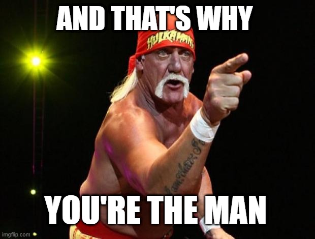 You're the man | AND THAT'S WHY; YOU'RE THE MAN | image tagged in hulk hogan,that's why,you're the man,man,thank you,thanks | made w/ Imgflip meme maker
