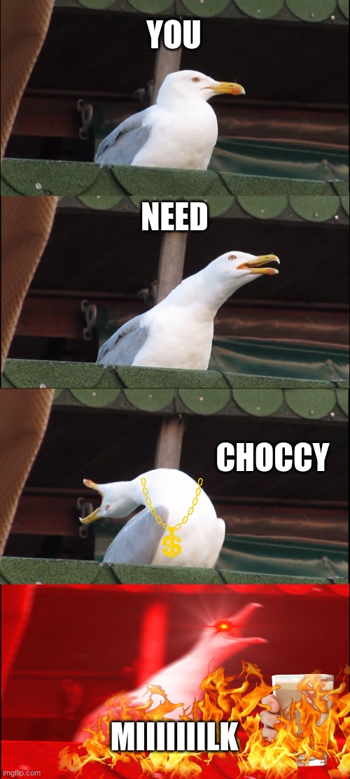 Inhaling Seagull Meme | YOU; NEED; CHOCCY; MIIIIIIILK | image tagged in memes,inhaling seagull | made w/ Imgflip meme maker