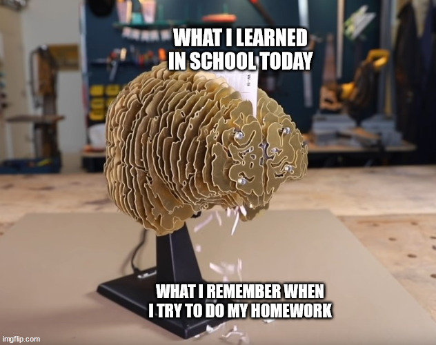 Trying to do my homework | WHAT I LEARNED IN SCHOOL TODAY; WHAT I REMEMBER WHEN I TRY TO DO MY HOMEWORK | image tagged in homework,school,forgetting | made w/ Imgflip meme maker