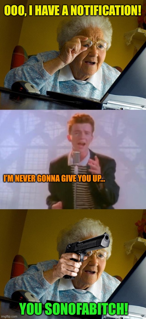 Grandma gets rolled :-) | OOO, I HAVE A NOTIFICATION! I’M NEVER GONNA GIVE YOU UP... YOU SONOFABITCH! | image tagged in memes,grandma finds the internet,rick astley | made w/ Imgflip meme maker