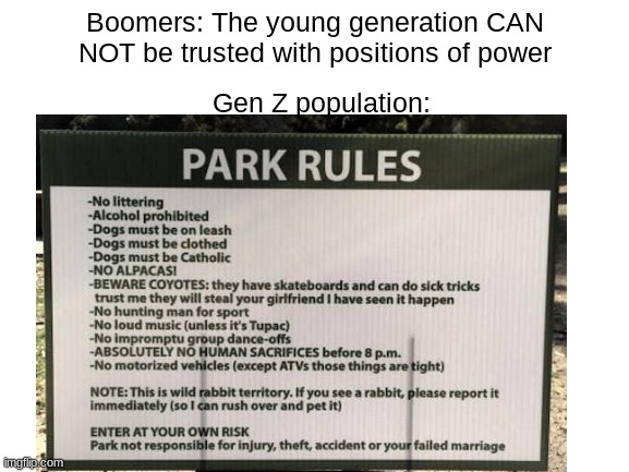 normal park rules... | Gen Z population:; Boomers: The young generation CAN NOT be trusted with positions of power | image tagged in gen z | made w/ Imgflip meme maker