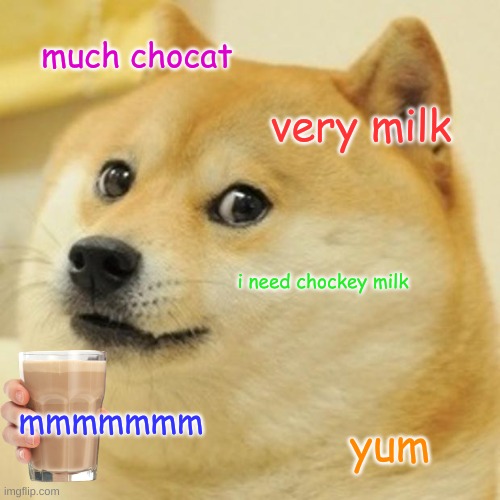 chockey milk | much chocat; very milk; i need chockey milk; mmmmmmm; yum | image tagged in memes,doge | made w/ Imgflip meme maker