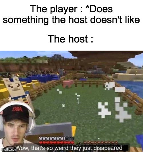 Among us... | The player : *Does something the host doesn't like; The host : | image tagged in among us,pewdiepie,disappeared,memes,gaming,lol | made w/ Imgflip meme maker