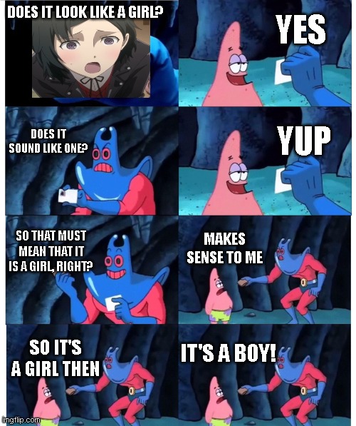 Traps in anime |  YES; DOES IT LOOK LIKE A GIRL? DOES IT SOUND LIKE ONE? YUP; SO THAT MUST MEAN THAT IT IS A GIRL, RIGHT? MAKES SENSE TO ME; IT'S A BOY! SO IT'S A GIRL THEN | image tagged in patrick not my wallet | made w/ Imgflip meme maker