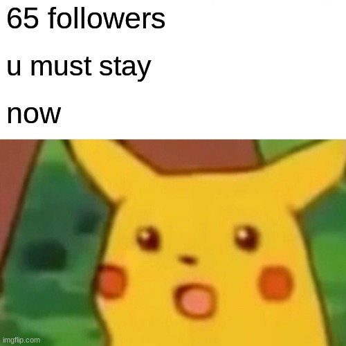 lets gooo | 65 followers; u must stay; now | image tagged in memes,surprised pikachu | made w/ Imgflip meme maker