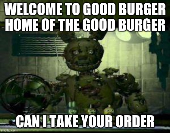 FNAF Springtrap in window | WELCOME TO GOOD BURGER HOME OF THE GOOD BURGER; CAN I TAKE YOUR ORDER | image tagged in fnaf springtrap in window | made w/ Imgflip meme maker