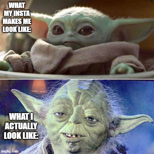 Baby Yoda Vs Old Yoda | WHAT MY INSTA MAKES ME LOOK LIKE:; WHAT I ACTUALLY LOOK LIKE: | image tagged in baby yoda vs old yoda | made w/ Imgflip meme maker