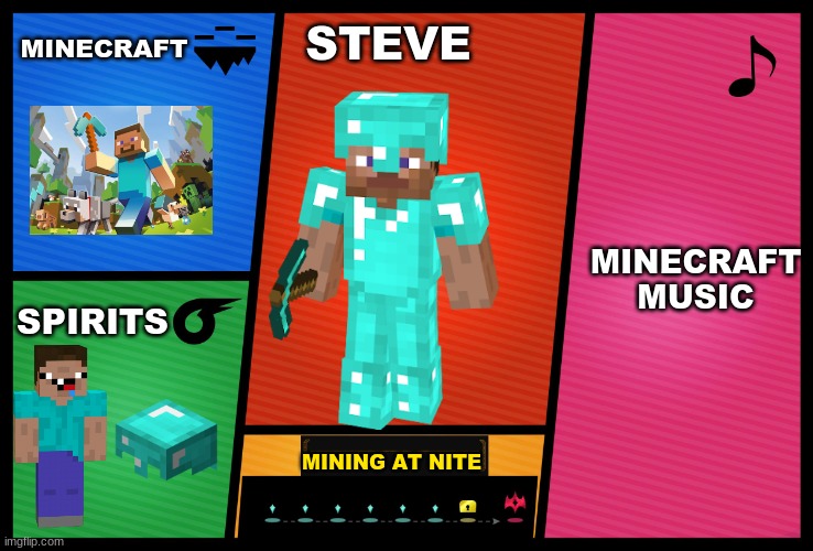 steve | MINECRAFT; STEVE; MINECRAFT MUSIC; SPIRITS; MINING AT NITE | image tagged in smash ultimate dlc fighter profile | made w/ Imgflip meme maker