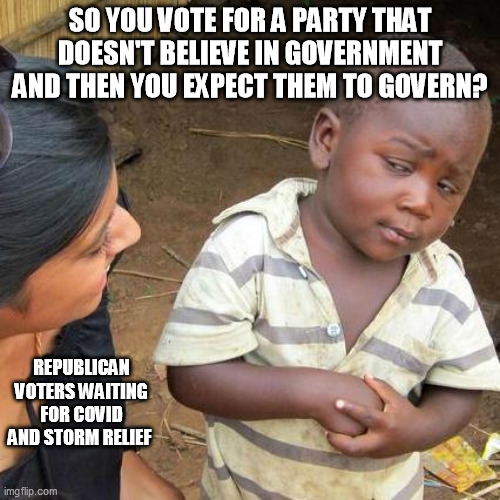 Voting against your own self interests is dumb. FREE DUMB. | SO YOU VOTE FOR A PARTY THAT DOESN'T BELIEVE IN GOVERNMENT AND THEN YOU EXPECT THEM TO GOVERN? REPUBLICAN VOTERS WAITING FOR COVID AND STORM RELIEF | image tagged in memes,third world skeptical kid,magatards,gop is dead,freedumb | made w/ Imgflip meme maker