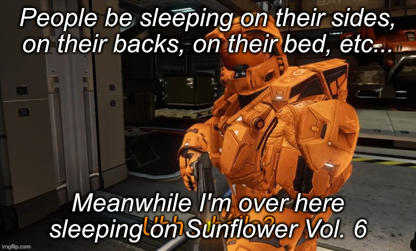 Uh Hello | People be sleeping on their sides, on their backs, on their bed, etc... Meanwhile I'm over here sleeping on Sunflower Vol. 6 | image tagged in uh hello | made w/ Imgflip meme maker