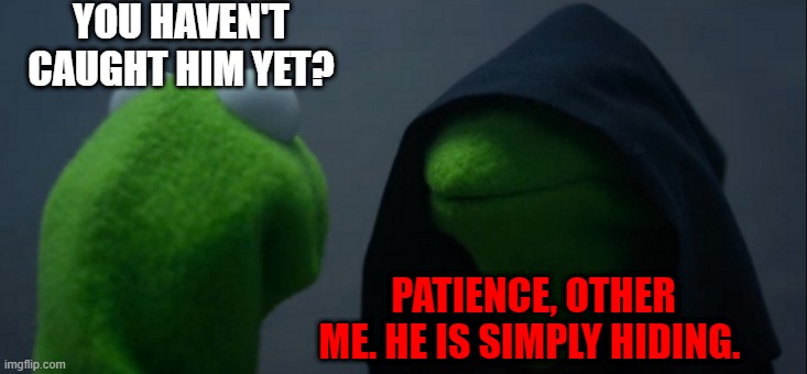 W A T C H   O U T               G O K U D R I P!!!!! | YOU HAVEN'T CAUGHT HIM YET? PATIENCE, OTHER ME. HE IS SIMPLY HIDING. | image tagged in memes,evil kermit | made w/ Imgflip meme maker
