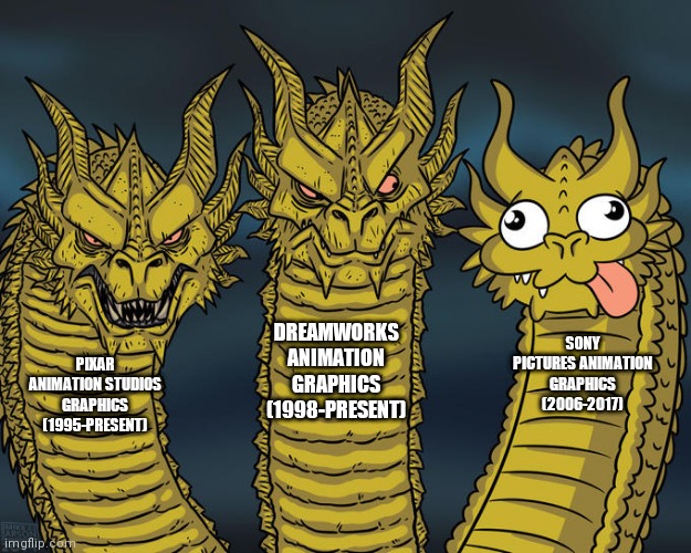 Three-headed Dragon | DREAMWORKS ANIMATION GRAPHICS (1998-PRESENT); SONY PICTURES ANIMATION GRAPHICS (2006-2017); PIXAR ANIMATION STUDIOS GRAPHICS (1995-PRESENT) | image tagged in three-headed dragon,pixar,dreamworks,sony animation,memes | made w/ Imgflip meme maker