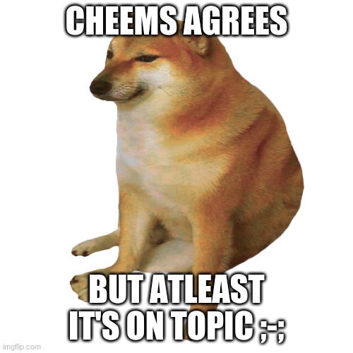 cheems | CHEEMS AGREES BUT ATLEAST IT'S ON TOPIC ;-; | image tagged in cheems | made w/ Imgflip meme maker