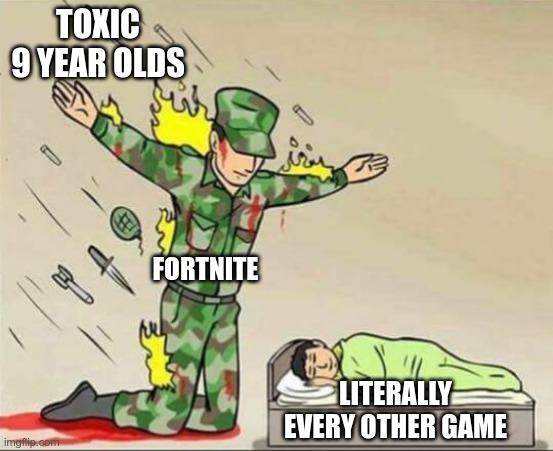 A massive amount of respect and graditude for F-Nite for proctecting our fellow gamers and games from them | TOXIC 9 YEAR OLDS; FORTNITE; LITERALLY EVERY OTHER GAME | image tagged in soldier protecting sleeping child | made w/ Imgflip meme maker