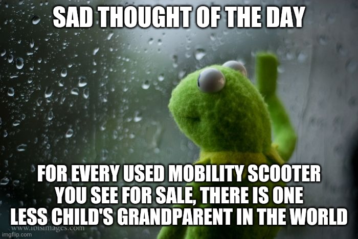 Depressing idea about mobility scooters. They are like TinyTim's crutch.... | SAD THOUGHT OF THE DAY; FOR EVERY USED MOBILITY SCOOTER YOU SEE FOR SALE, THERE IS ONE LESS CHILD'S GRANDPARENT IN THE WORLD | image tagged in kermit window,scooter,grandma,grandpa,sadness | made w/ Imgflip meme maker