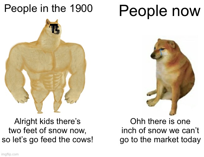 Buff Doge vs. Cheems | People in the 1900; People now; Alright kids there’s two feet of snow now, so let’s go feed the cows! Ohh there is one inch of snow we can’t go to the market today | image tagged in memes,buff doge vs cheems | made w/ Imgflip meme maker