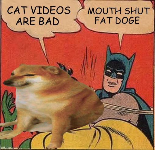 cat videos are good | CAT VIDEOS ARE BAD; MOUTH SHUT FAT DOGE | image tagged in doge,batman,cat vids good | made w/ Imgflip meme maker