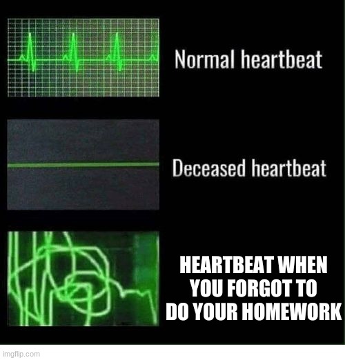 normal heartbeat deceased heartbeat | HEARTBEAT WHEN YOU FORGOT TO DO YOUR HOMEWORK | image tagged in normal heartbeat deceased heartbeat | made w/ Imgflip meme maker