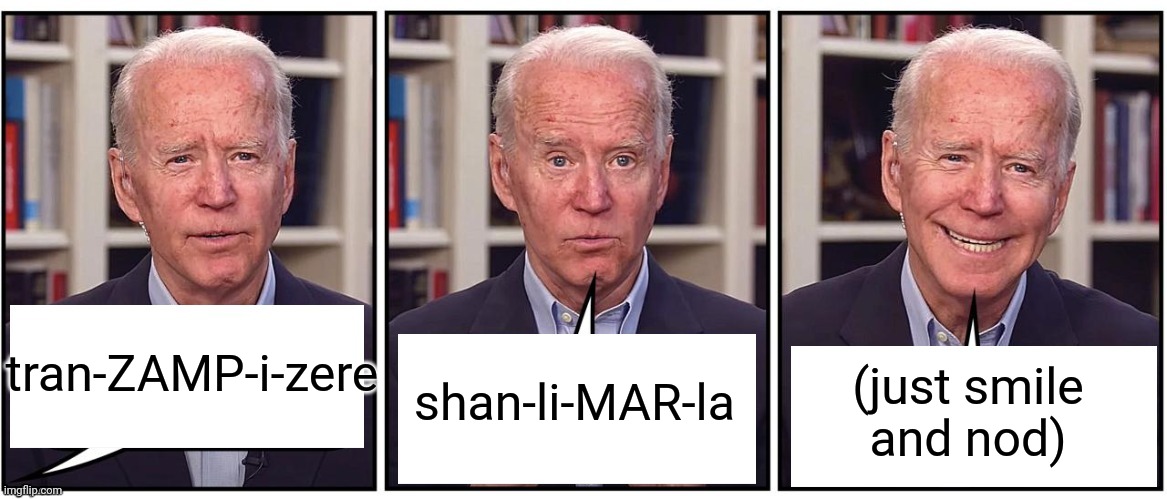 Biden cartoon | tran-ZAMP-i-zere (just smile
and nod) shan-li-MAR-la | image tagged in biden cartoon | made w/ Imgflip meme maker