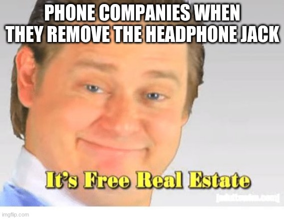 phone manufacturera be like | PHONE COMPANIES WHEN THEY REMOVE THE HEADPHONE JACK | image tagged in it's free real estate | made w/ Imgflip meme maker