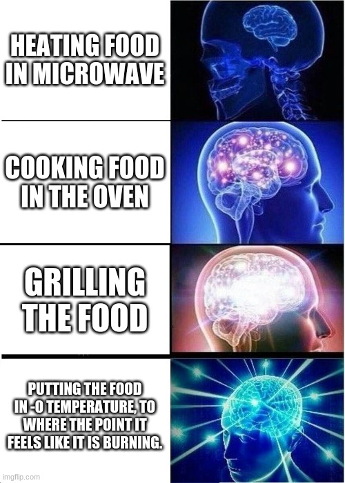 Expanding Brain Meme | HEATING FOOD IN MICROWAVE; COOKING FOOD IN THE OVEN; GRILLING THE FOOD; PUTTING THE FOOD IN -0 TEMPERATURE, TO WHERE THE POINT IT FEELS LIKE IT IS BURNING. | image tagged in memes,expanding brain | made w/ Imgflip meme maker