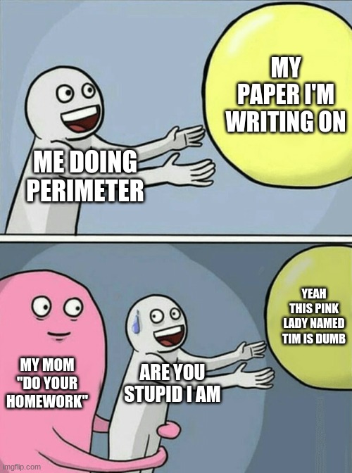 Running Away Balloon | MY PAPER I'M WRITING ON; ME DOING PERIMETER; YEAH THIS PINK LADY NAMED TIM IS DUMB; MY MOM "DO YOUR HOMEWORK"; ARE YOU STUPID I AM | image tagged in memes,running away balloon | made w/ Imgflip meme maker