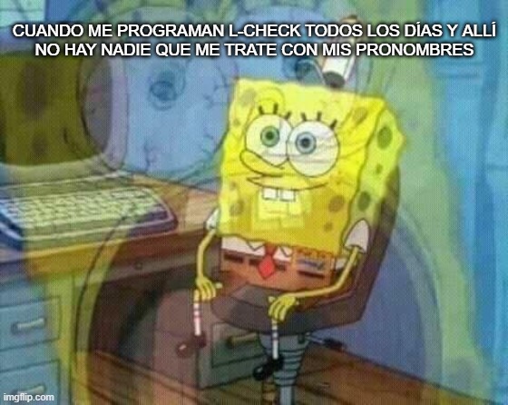 No please I don't want to go there | CUANDO ME PROGRAMAN L-CHECK TODOS LOS DÍAS Y ALLÍ
NO HAY NADIE QUE ME TRATE CON MIS PRONOMBRES | image tagged in spongebob panic inside | made w/ Imgflip meme maker